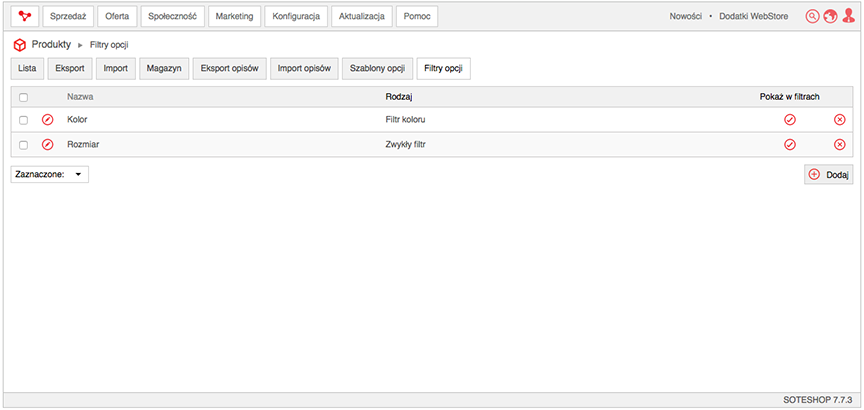 Lista filtrów opcji w panelu sklepu