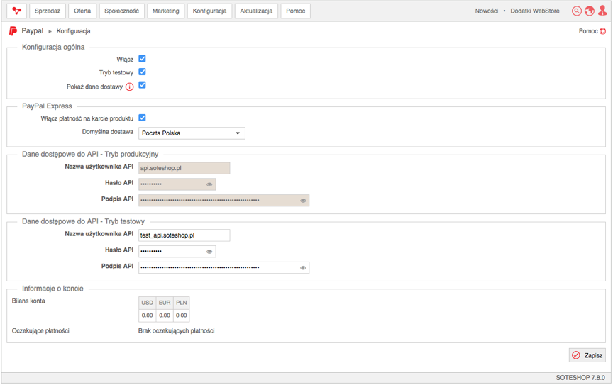 PayPal tryb testowy - konfiguracja w panelu sklepu internetowego SOTESHOP