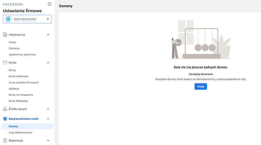 Lista domen w ustawieniach Business Managera