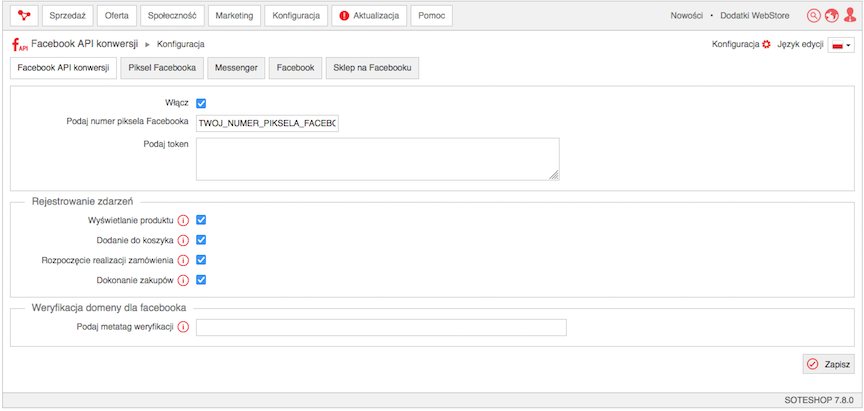 Okno konfiguracji modułu Facebook API Konwersji