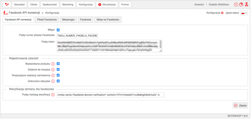 Wklejanie meta tagu do konfguracji Api Facebooka