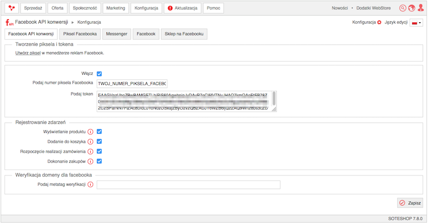 Pasting the token into the module configuration panel in the store