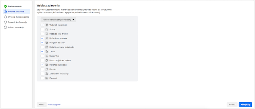 Wybór zdarzeń rejestrowanych przez Piksel