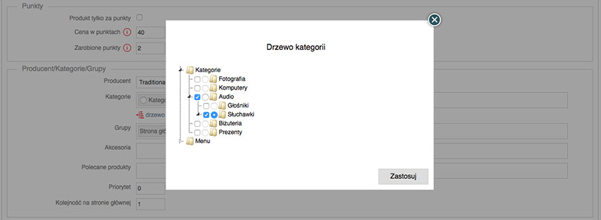 Okno wyboru kategorii w edycji produktu
