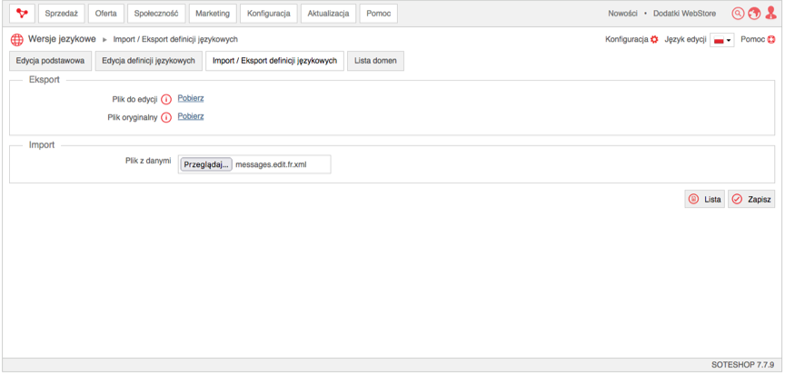 Import pliku XML z wersją językową