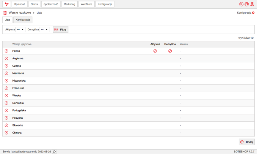 Lista wersji językowych w sklepie