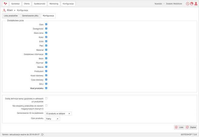Konfiguracja w panelu SOTESHOP - generowanie pliku dla Allani