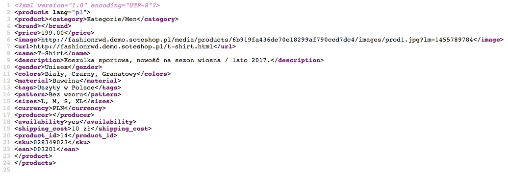 Część pliku xml z ofertą dla Allani Próbka pliku xml z ofertą Allani ze sklepu internetowego