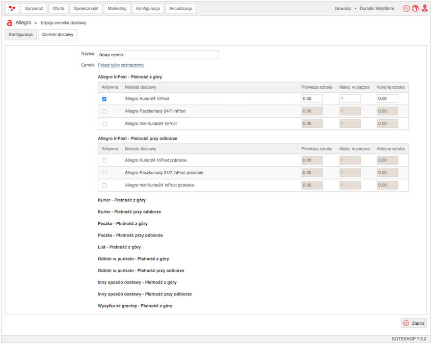 Cenniki dostaw Allegro w sklepie internetowym SOTESHOP