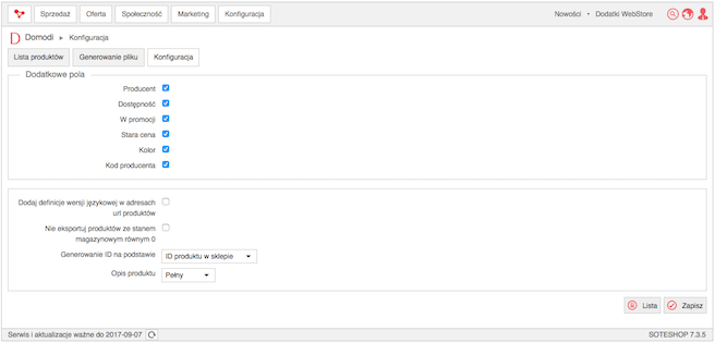 Konfiguracja w panelu SOTESHOP - generowanie pliku dla Domodi