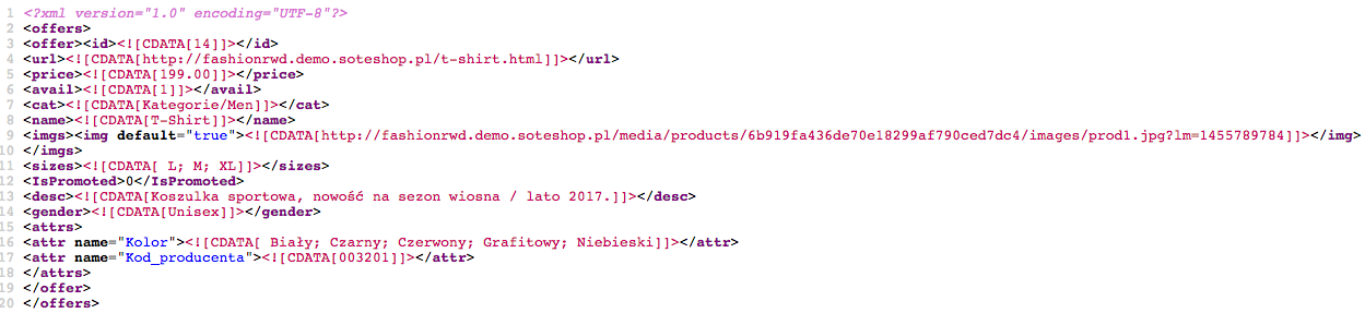 Część pliku xml z ofertą dla Domodi Próbka pliku xml z ofertą Domodi ze sklepu internetowego