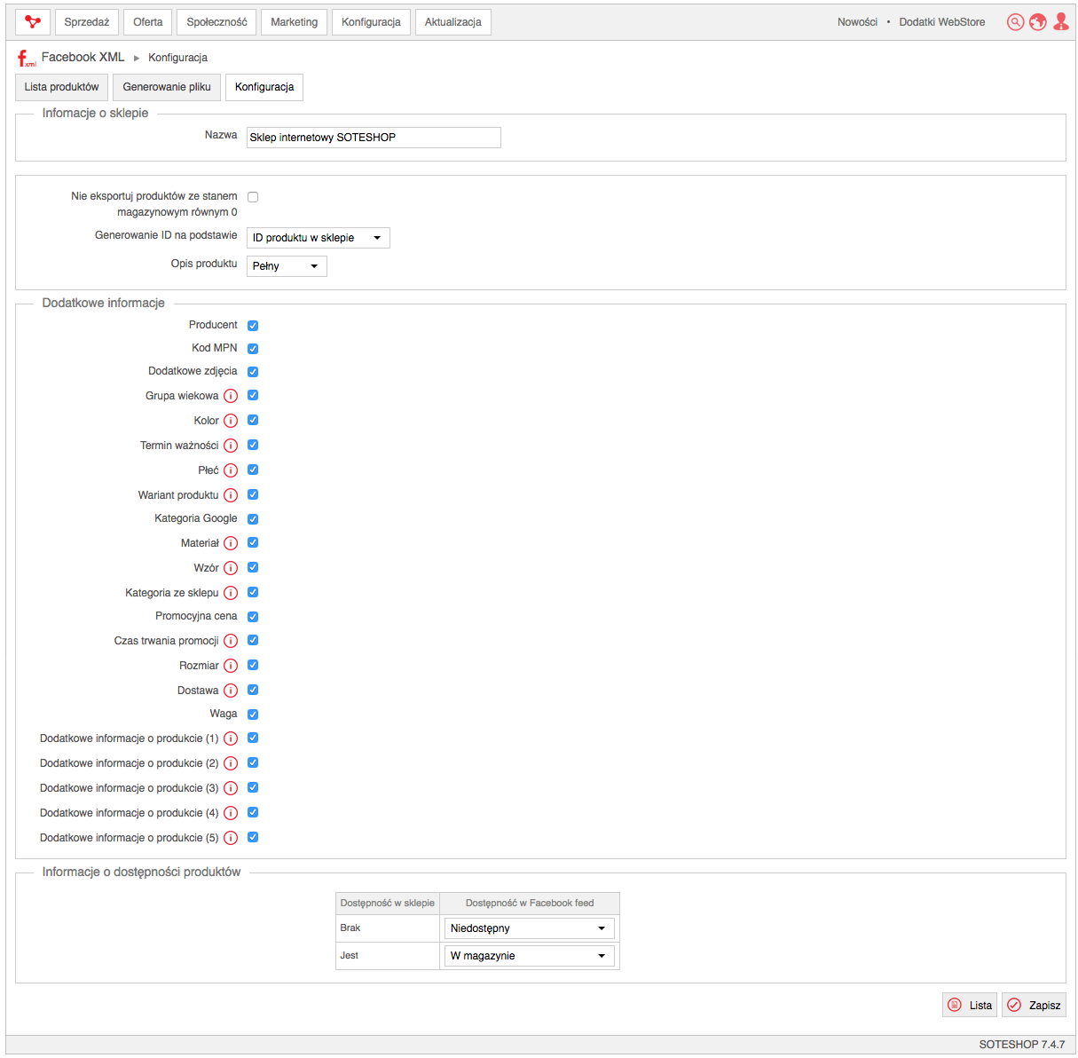 Konfiguracja w panelu SOTESHOP - generowanie pliku dla katalogu produktów Facebook