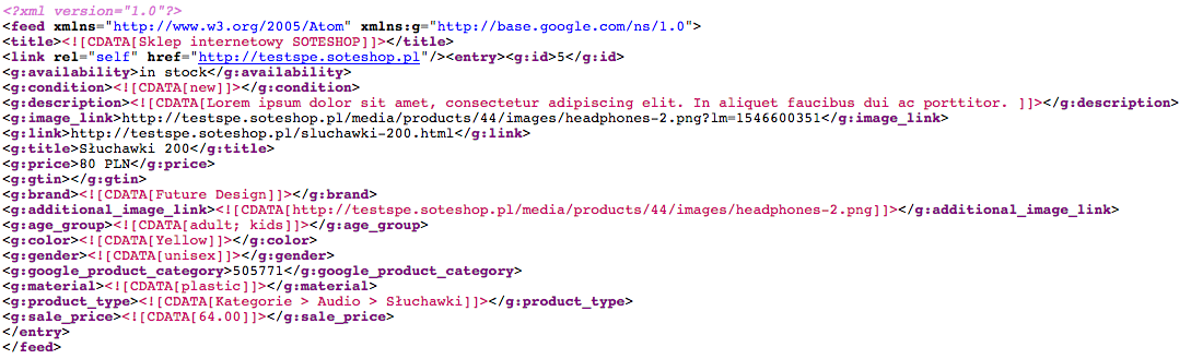 Próbka pliku xml z ofertą dla katalogu produktów Facebook ze sklepu internetowego