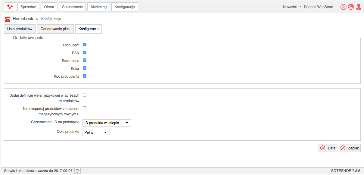Konfiguracja w panelu SOTESHOP - generowanie pliku dla Homebook