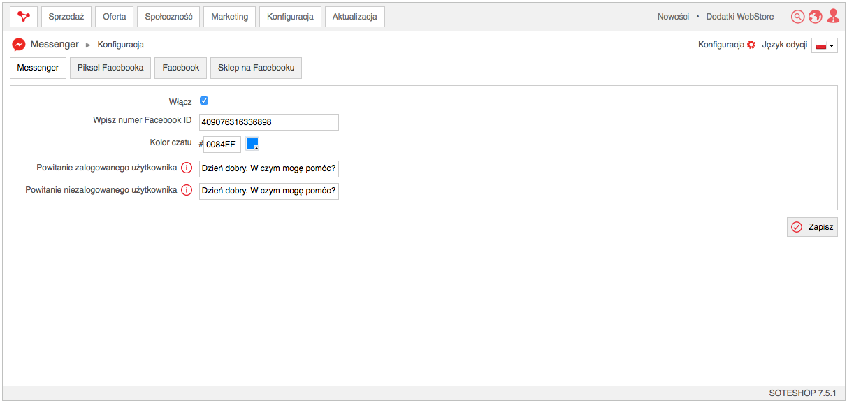 Aktywacja Messenger w panelu SOTESHOP