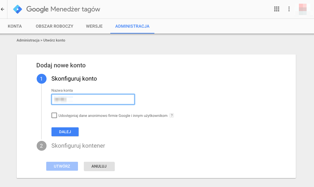 Wpisz nazwę konto w GTM