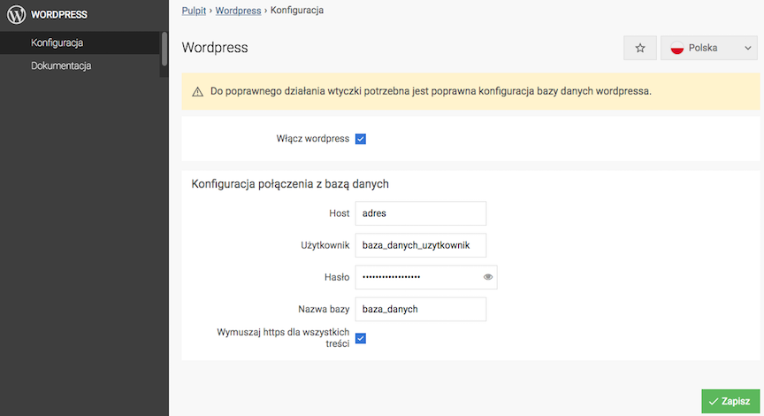 Konfiguracja bazy danych Wordpress do wtyczki